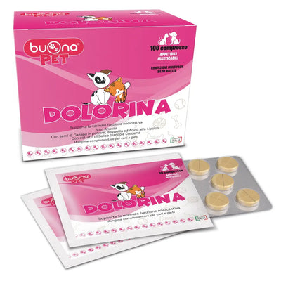 Dolorina compresse offrono sollievo mirato per i tuoi animali domestici che soffrono di dolore e infiammazione. Ideali dopo interventi chirurgici o in fase di recupero pre-operatorio, queste compresse masticabili supportano anche il dolore acuto da fratture, ustioni e traumi.