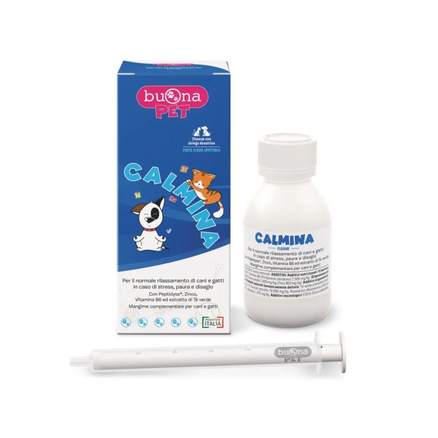 Buona Pet Calmina è una pasta fluida sviluppata per gestire ansia, paura e disagio nei tuoi animali domestici.