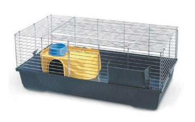 Gabbia made in Italy di grandi dimensioni, ideata da Raggio di Sole per piccoli roditori e conigli nani, con fondo blu-grigio e parte superiore in rete a maglie larghe.