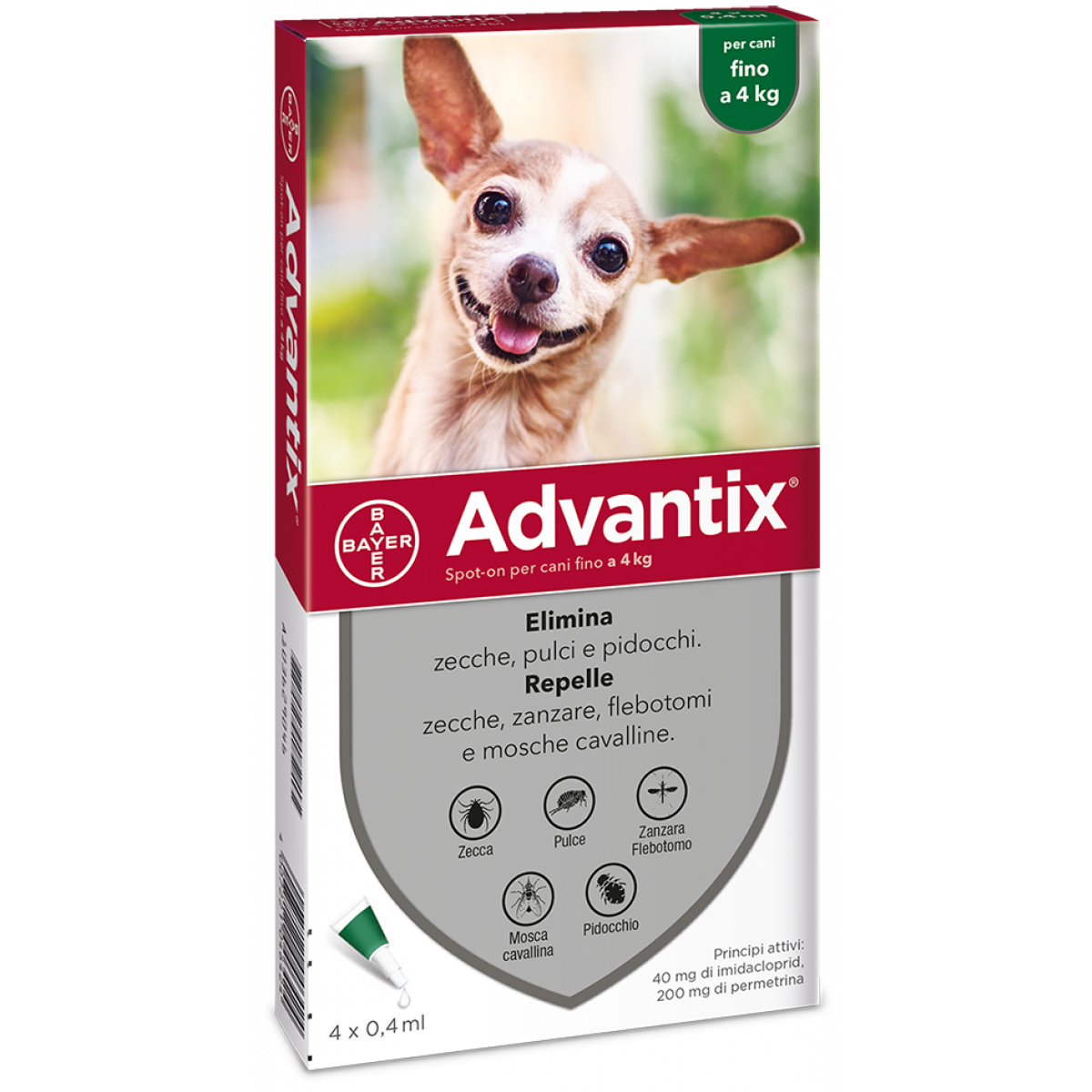 Advantix Spot-On per cani fino a 4 kg, Antiparassitario che Protegge dai Parassiti, Protegge dal Rischio di Leishmaniosi, Agisce contro le Larve di Pulci in Casa, 4 pipette