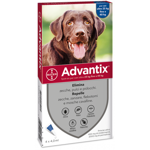 Advantix Spot-On per cani oltre 25 kg fino a 40 kg, Antiparassitario che Protegge dai Parassiti, Protegge dal Rischio di Leishmaniosi, Agisce contro le Larve di Pulci in Casa, contro Zanzare, Pidocchi 4 pipette