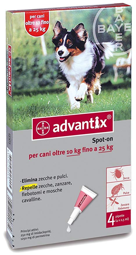 Advantix Spot-On per cani oltre 10 kg fino a 25 kg, Antiparassitario che Protegge dai Parassiti, Protegge dal Rischio di Leishmaniosi, Agisce contro le Larve di Pulci in Casa, contro Zanzare, Pidocchi 4 pipette