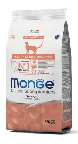Cibo secco gatto adulto con salmone da 10 kg, monge Natural Superpremium per gattini, Croccantini sfiziosi e naturali,
