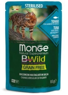 MONGE BWILD GRAIN FREE TONNO, GABERETTI E ORTAGGI STERILISED 85 G IN BUSTINA