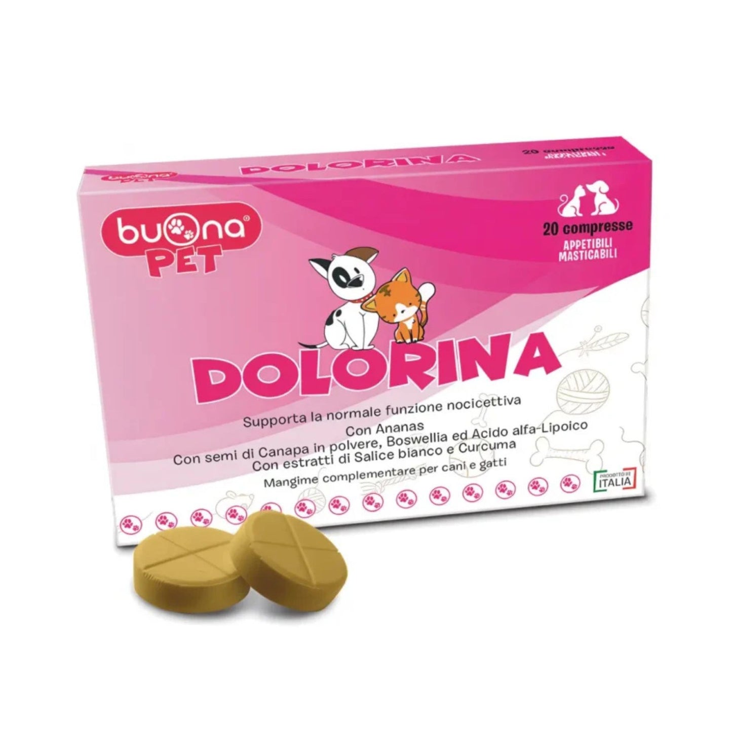 Dolorina compresse offrono sollievo mirato per i tuoi animali domestici che soffrono di dolore e infiammazione. Ideali dopo interventi chirurgici o in fase di recupero pre-operatorio, queste compresse masticabili supportano anche il dolore acuto da fratture, ustioni e traumi.
