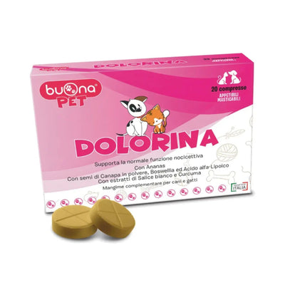 Dolorina compresse offrono sollievo mirato per i tuoi animali domestici che soffrono di dolore e infiammazione. Ideali dopo interventi chirurgici o in fase di recupero pre-operatorio, queste compresse masticabili supportano anche il dolore acuto da fratture, ustioni e traumi.
