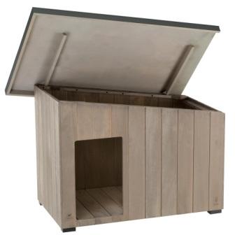 Cuccia per cani in legno di pino nordico essiccato per evitare alterazioni atmosferiche o attacchi fungini. Il tetto è in resina impermeabile e i piedi della cuccia sono in plastica per sollevarla dal terreno, la porta d'ingresso è laterale e infine il tetto si può sollevare per facilitare la pulizia.