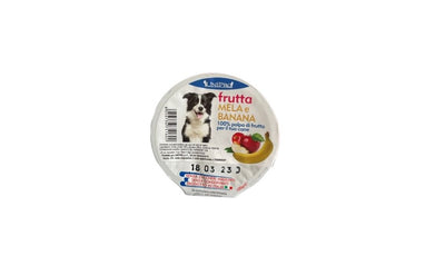 Morbida polpa di frutta per cani di tutte le taglie, ottima da sola o in aggiunta del cibo secco o umido, Gustosissimo snack di mela e banana ricca di energia e vitamine naturali. Senza zuccheri aggiunti e senza conservanti. Migliora la lucentezza del pelo.