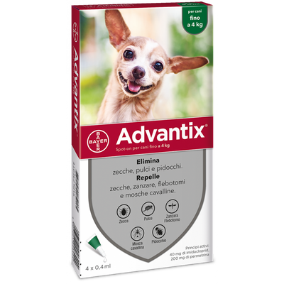 Advantix Spot-On per cani fino a 4 kg, Antiparassitario che Protegge dai Parassiti, Protegge dal Rischio di Leishmaniosi, Agisce contro le Larve di Pulci in Casa, 4 pipette