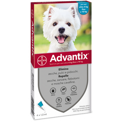 Advantix Spot-On per cani oltre 4 kg fino a 10 kg, Antiparassitario che Protegge dai Parassiti, Protegge dal Rischio di Leishmaniosi, Agisce contro le Larve di Pulci in Casa, contro Zanzare, Pidocchi 4 pipette