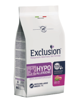 Exclusion Monoprotein Veterinary Diet Formula è un alimento per cani adulti di tutte le taglie e razze che tendono ad avere intolleranze alimentari, realizzato con un'unica FONTE PROTEICA ANIMALE ed UN' UNICA FONTE DI CARBOIDRATI ( le Patate) per ridurre al minimo il rischio di intolleranze alimentari e gli INGREDIENTI si presentano DISIDRATATI per un maggiore apporto di nutrienti.