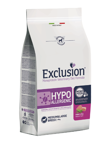 Exclusion Monoprotein Veterinary Diet Formula è un alimento per cani adulti di tutte le taglie e razze che tendono ad avere intolleranze alimentari, realizzato con un'unica FONTE PROTEICA ANIMALE ed UN' UNICA FONTE DI CARBOIDRATI ( le Patate) per ridurre al minimo il rischio di intolleranze alimentari e gli INGREDIENTI si presentano DISIDRATATI per un maggiore apporto di nutrienti.