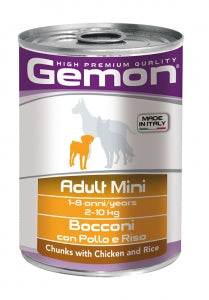 Cbo umido per cane, miglior cibo della monge, Gemon Monge High Premium Quality, Bocconi con pollo e Riso per cani che hanno dagli 1-8 anni e pesano dai 2-10 kg, scatoletta di 415 gr senza glutine.