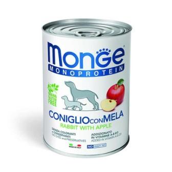 Cibo umido per cane Monge Monoproteina prelibato Patè Coniglio con Mela con percentuale di carne pari al 100%.