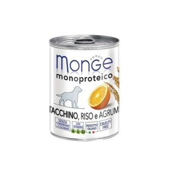 Cibo umido per cane Monge Monoproteina prelibato Patè con Tacchino e Agrumi con percentuale di carne pari al 100%.