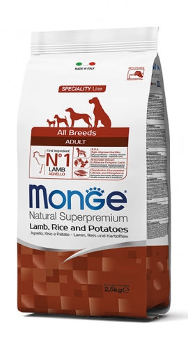 Monge Natural Superpremium Agnello riso e patate confezioni di 2,5 kg e 12 kg per cani di tutte le razze, forma della crocchetta media