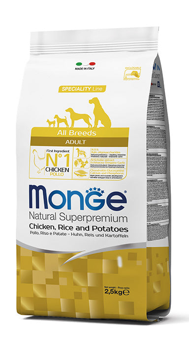 Le crocchette Monge Natural Superpremium Speciality Line Adult con Pollo, Riso e Patate sono un alimento completo e bilanciato per cani adulti di tutte le razze che necessitano di alimenti ad alta digeribilità.