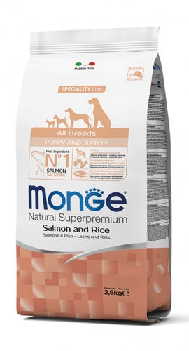 Le crocchette Monge Natural Superpremium Puppy & Junior con Salmone e Riso sono un alimento completo per cuccioli di tutte le razze. Salmone e riso 12 kg 
