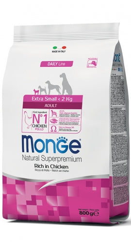 Cibo Secco Cane, Monge, Adulto, Crocchetta Extra Small, Piccola, per Cani che pesano fino a 2 kg, Formato di 800 g, Ricco di pollo, Chihuahua