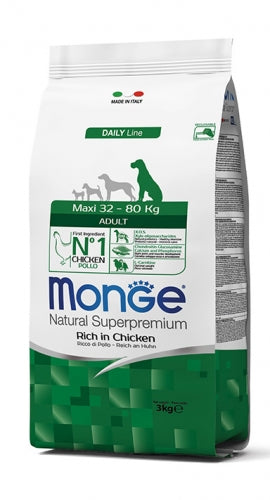 Le crocchette Monge Natural Superpremium Maxi Adult con Pollo sono un alimento completo per cane di taglia grande. 12 kg-3kg 