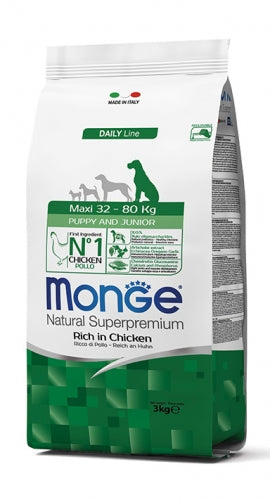 Le crocchette Monge Natural Superpremium Maxi Puppy & Junior con Pollo sono un alimento completo per cuccioli di taglia grande. 12 kg-3kg
