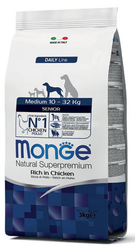 Cibo secco. Le crocchette Monge Natural Superpremium Medium Senior con Pollo sono un alimento completo per cani di taglia media in età avanzata. Garantiscono il benessere del cane grazie alla presenza di elementi nutritivi di altissima qualità, frutto della ricerca Made in Italy. 12 KG