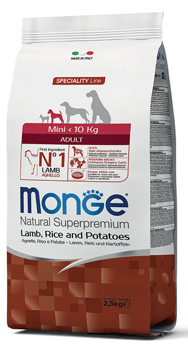 Monge Natural Superpremium Mini Adult Agnello Riso e Patate da 800 GR 2,5 kg 7,5kg