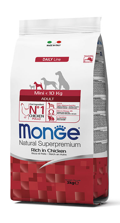 Le crocchette Monge Natural Superpremium Mini Adult con Pollo sono un alimento completo per cane adulti di piccola taglia. Molto gustose e ricche di ingredienti. 12 kg- 3 kg - 7.5 kg