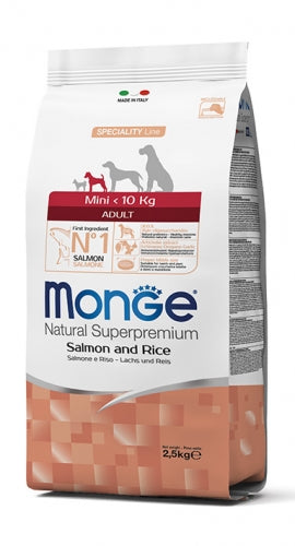 Le crocchette Monge Natural Superpremium Speciality Line Mini Adult con Salmone e Riso sono un alimento completo per cani di piccola taglia. 7.5kg- 2.5 kg