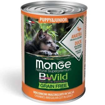 Monge bwild puppy e junior, grain free con anatra zucca e zucchine lattina cibo umido per cane di 400 gr, offerta monge per cani di tutte le taglie.