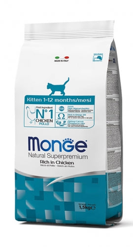 Monge Natural Superpremium per Gattini è Ricco di Pollo. Alimento completo per gattini dallo svezzamento al compimento del primo anno di età e per gatte in gravidanza e/o lattazione.  - Contengono gli  X.O.S. Xilo Oligosaccaridi, Prebiotici che regolarizzano la flora intestinale;  - Omega 3: favoriscono la lucentezza del pelo;  - Calcio e Fosforo per una crescita equilibrata   