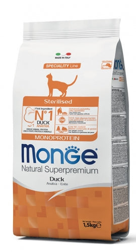 Crocchette Monge Natural super premium Monoproteina Anatra, Adult, Gatto Sterilizzato, Cibo Secco 1.5 kg