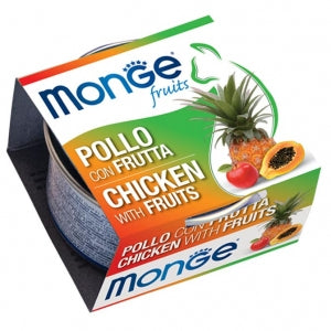 Monge Fruits è un cibo umido per gatti esigenti con un palato più raffinato, le lattine alla frutta sono un alimento più naturale, garantiscono un'eccellente apporto di vitamine e F.O.S. (frutto-oligosaccaridi). La frutta non è trattata chimicamente e non sono utilizzati né conservanti né coloranti.