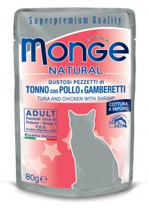 Cibo umido in busta per Gatto adulto, alimento complementare in gustosi pezzetti di tonno con pollo e gamberetti.  Formula ricca di omega 3 e Proteine. Ricetta Italiana formato in busta di 80 g.